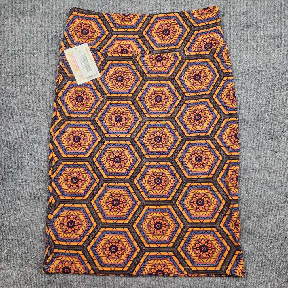 LuLaRoe Cassie Pencil Skirt Medium NWT‎ Orange Blue Geometric Honeycomb Print